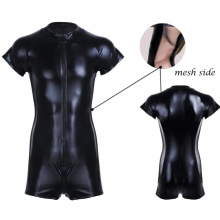 Bodysuit Leather Mens Front Zipper One-piece Jockstraps Leotard Bodysuit with See-through Mesh Side for Night Club Party
