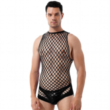 Men See-through Fishnet Leotard Netted Bodystockings Sleeveless Cutout Catsuit Bodysuit Backless Lace-up Sexy Lingerie Jumpsuits