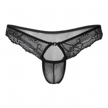 Mens Sheer Lace Patchwork Low Waist G-string Panties Breathable Open Front See-through Mesh Thongs Briefs Exotic Sissy Underwear