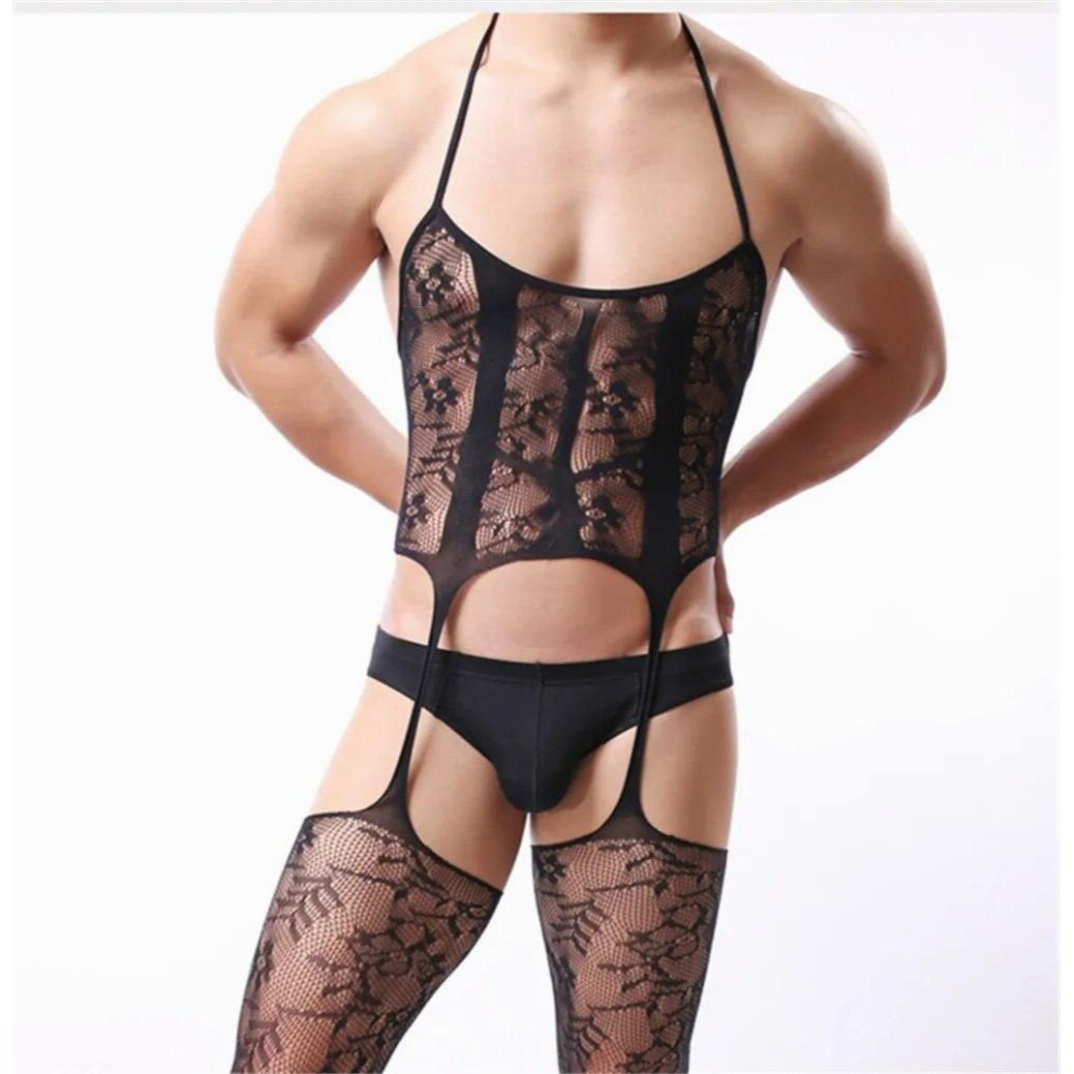 Black Men Teddy Sexy Lingerie Open Crotch Sex Costumes Mesh Pantyhos Bodysuit Intimate Porno Men Elastic Underwear Stockings