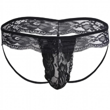 Men Lingerie Open Butt Sissy Panties Lace Bikini T-Back Gay Underwear Underpants See-through Bulge Pouch Strings Sissy Underwear