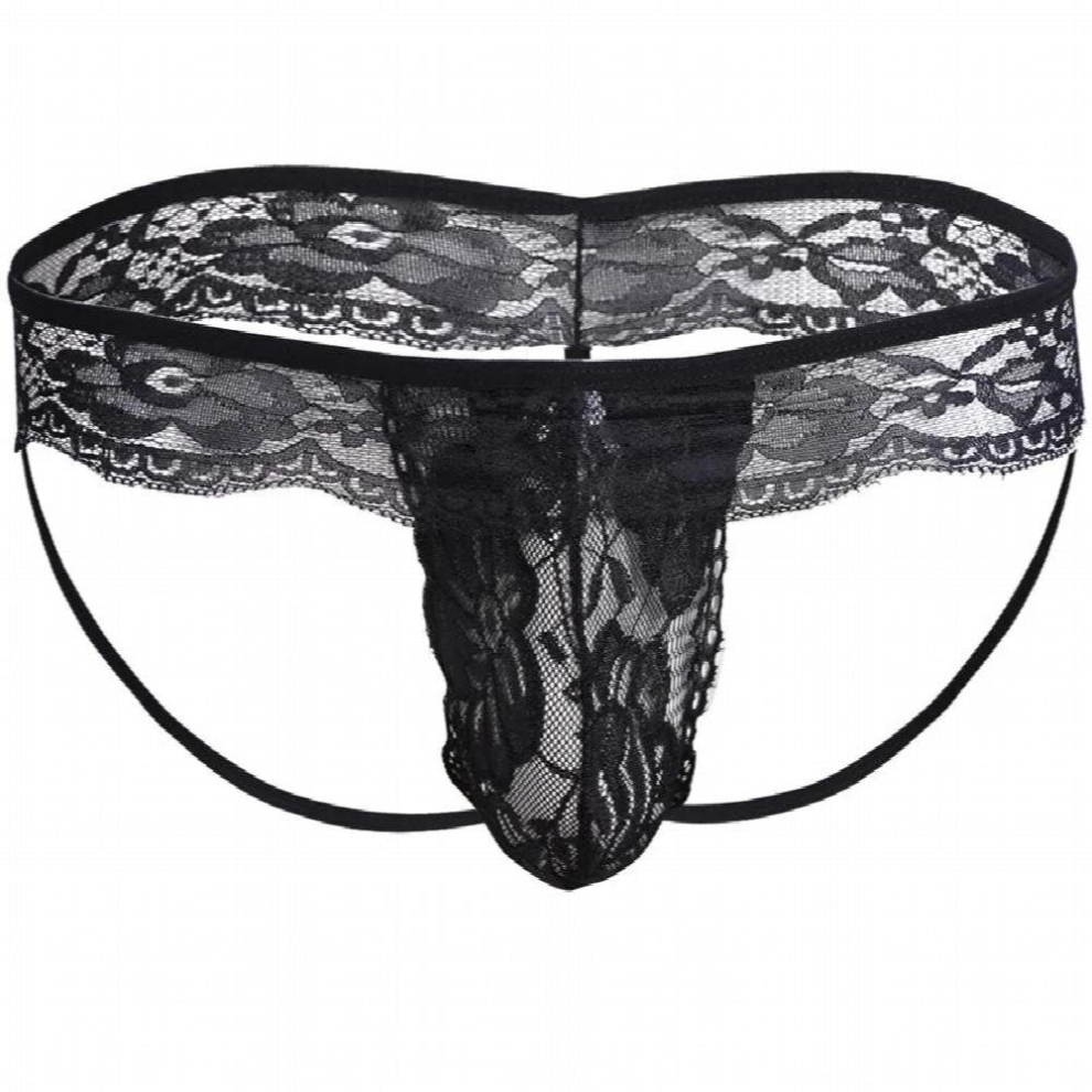 Men Lingerie Open Butt Sissy Panties Lace Bikini T-Back Gay Underwear Underpants See-through Bulge Pouch Strings Sissy Underwear