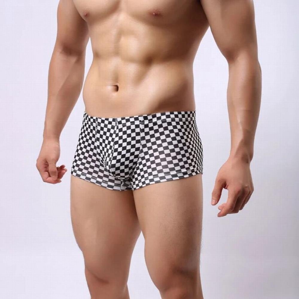 Mens Sexy Boxer Shorts Check Plaids Underwear Bulge Penis Pouch U