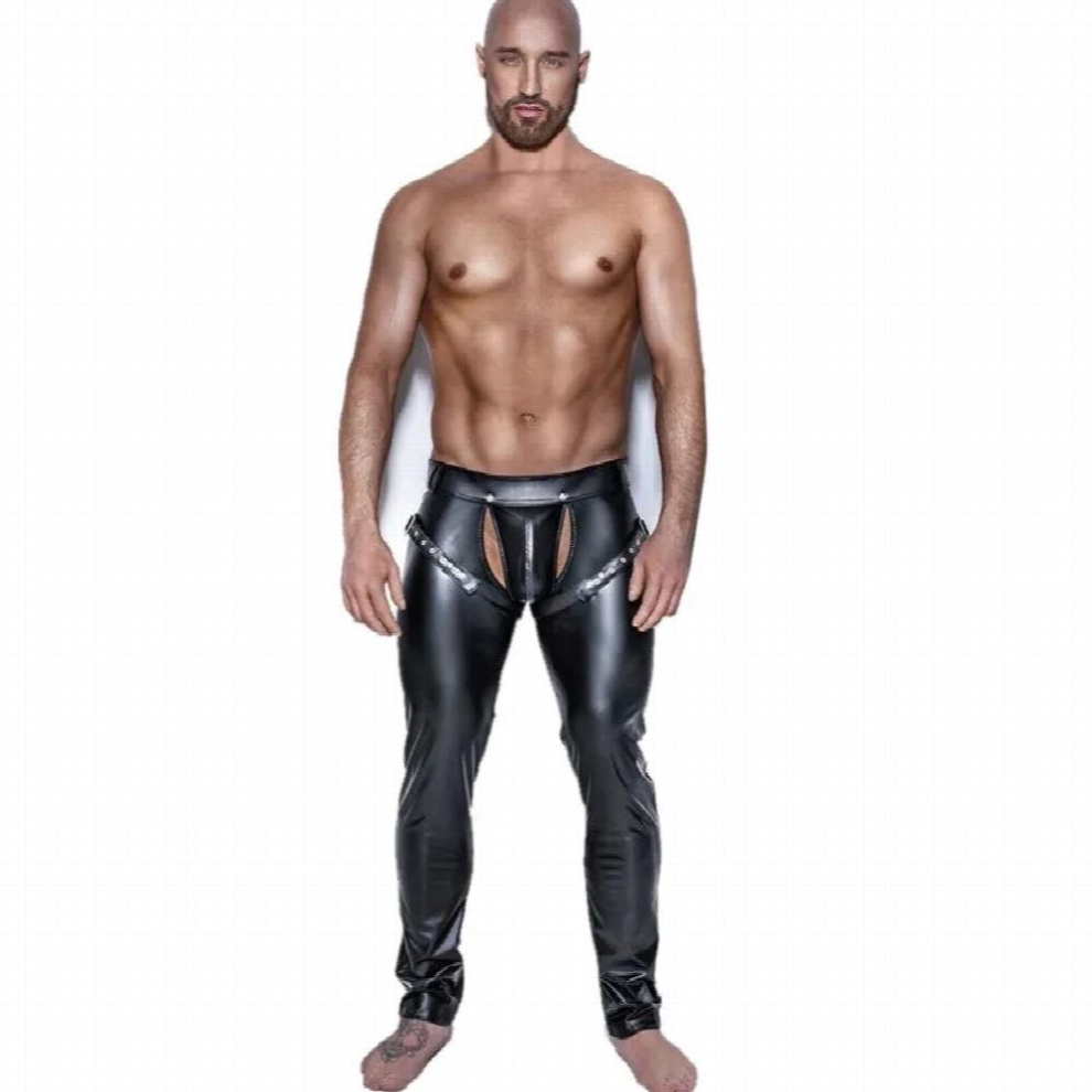 Black Erotic Men Faux Pu Leather Pants Male Wetlook Latex Trousers Open Front Exotic Clubwear Gay Fetish Pvc Pants Clubwear Costume