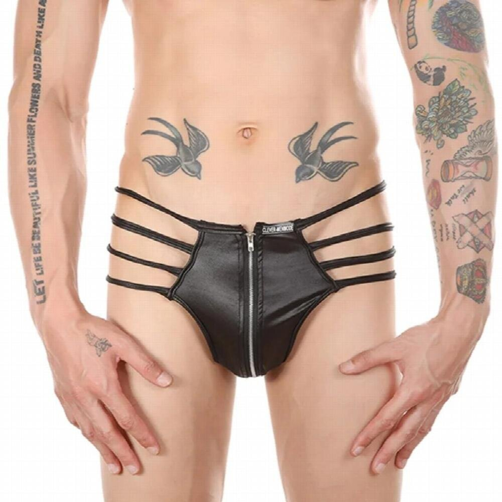 Black Mens Sexy Thong Fetish Hollow Briefs Pu Faux Leather Zipper Exotic Lingerie Bdsm Bondage Jockstrap Underwear
