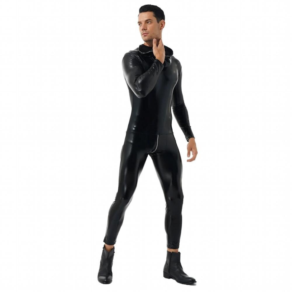 Mens Lingerie Sexy Stretchy Skinny Jumpsuits Full Hooded Bodysuit Zipper Back Patent Leather Sexy Clubwear for Stage Performance