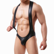 Men Sexy Lingerie Bodysuits PU Leather Backless Male One Piece Jumpsuits Wrestling Singlet Jockstrap String Gay Undershirts