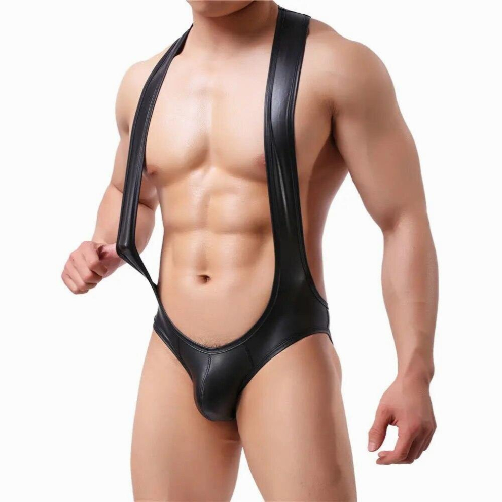 Black Men Sexy Lingerie Bodysuits Pu Leather Backless Male One Piece Jumpsuits Wrestling Singlet Jockstrap String Gay Undershirts