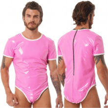 Sissy Sexy Erotic Bodysuit Man Wet Look Patent Leather Short Sleeve Zipper Jumpsuit Nightclub Stage Performance Costume