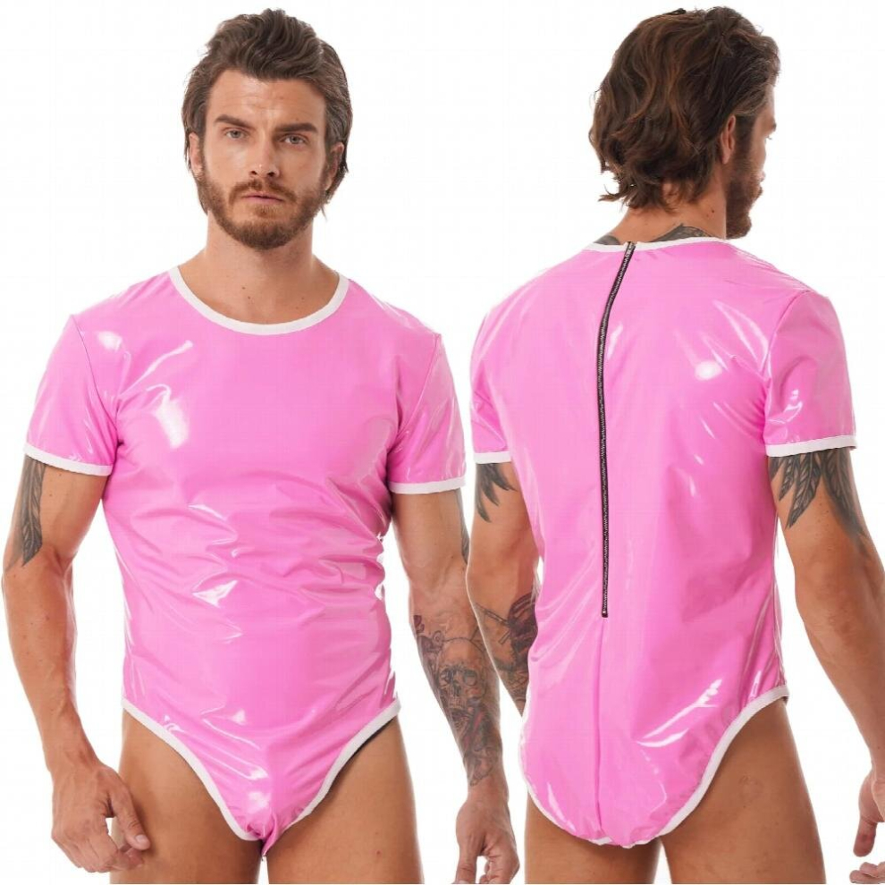 Multicoloured Sissy Sexy Erotic Bodysuit Man Wet Look Patent Leather Short Sleeve Zipper Jumpsuit Nightclub Stage Performance Costume