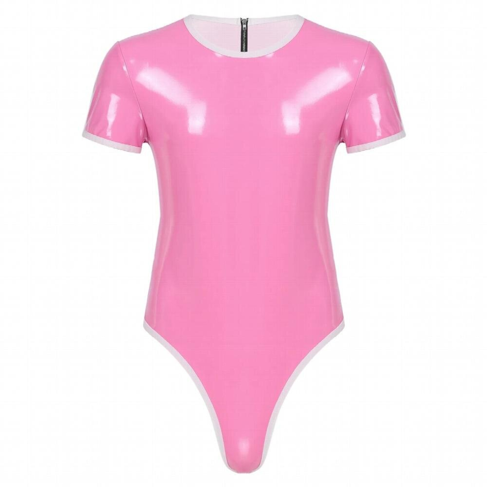 Sexy Mens Pantent Leather Lingerie Bodysuit Short Sleeve Crossdresser Press Buttom Crotch Jumpsuit Party Catsuit Clubwear