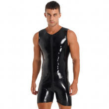 Gay Mens Glossy PVC Patent Leather Bodysuit Costumes Sleeveless Zipper Crotch Jumpsuits Lingerie Pole Dancing Bodysuits Clubwear