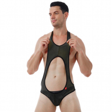 Men Hollow Out Swimsuit Sleeveless Bodysuit See-through Mesh Fitness Wrestling Singlet Leotard Sexy Bulge Pouch Skinny Jumpsuit