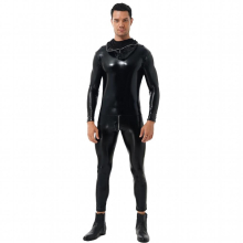 Men Latex Catsuit Wet Look Patent Leather Hooded Bodysuit Zipper Skinny Jumpsuits Nightclub Halloween Role Play Costumes