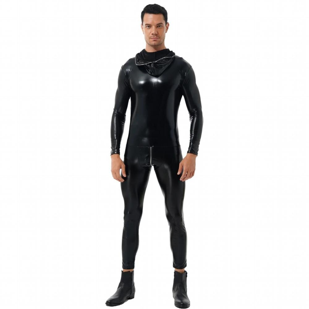 Men Latex Catsuit Wet Look Patent Leather Hooded Bodysuit Zipper Skinny Jumpsuits Nightclub Halloween Role Play Costumes