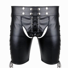 Mens Lingerie Sexy Pants Leather Trousers Lace-up Open Butt Shorts Front Pouch with String Ties Back Exotic Panties