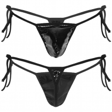 Mens Wet Look Low Rise Patent Leather Underwear Lace-up Elastic Waistband T-back Thong Bulge Pouch G-string Underpants Nightclub