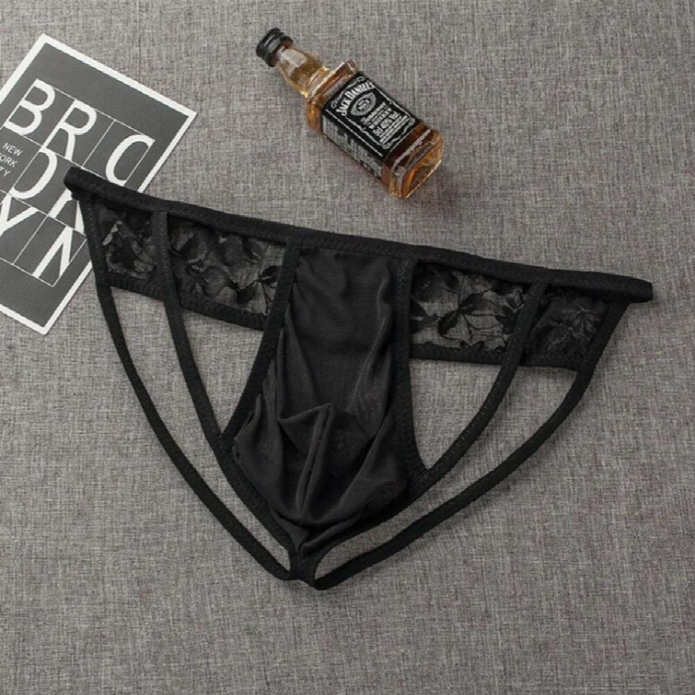 Black Sexy Men Lace Jockstraps Thong Buttocks Hollow Bikini Briefs Underwear Sissy Gay Men Pouch Panties Transparent Underpants