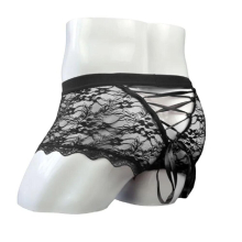 Bandage Back Mens Sexy Underwear Transparent Lace Mesh Low Waist Boxer Shorts Erotic Male Panties