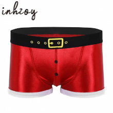Christmas Underwear Men Red Faux Leather Belt Printed Panties Holiday Novelty Santa Claus Costume Male Sexy Tight Boxer Shorts