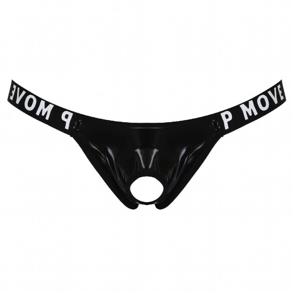 Men Latex Underpants Hollow Out Patent Leather Bulge Pouch Panties Jockstrap T-Back Letter Print Waistband G-string Thongs