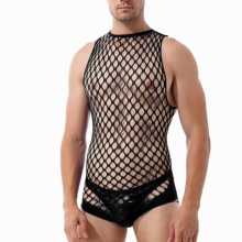 Male Sexy Lingerie Erotic Mens Fishnet Bodysuit Hollow Out Underwear Mesh Sleeveless Bandage Jumpsuit Guy Party Night Club Wear