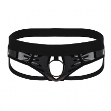 Sexy Mens Lingerie Underpants Faux Leather Open Back Hollow Out Jockstrap Low Rise Bikini G-string Underwear with Metal O-Ring