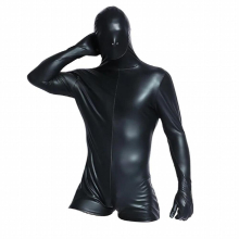 Men Sexy PVC Latex Catsuit with Mask PU Faux Leather Bodysuit Gay Erotic Fetish Zipper Jumpsuit Party Night Club Wear