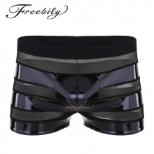 Mens Bulge Pouch Sexy Underwear Lingerie Wetlook Faux Leather Mesh Patchwork Stripe Boxer Shorts Costumes Gay Male Panties