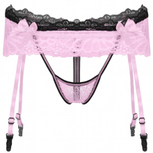 Mens G-String Sissy Underwear Hollow Out Lace Skirted Thongs Bowknot Elastic Waistband Crotchless T-Back Adjustable Garter Belt