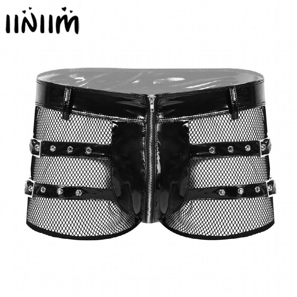 Mens Gay Wetlook Lingerie Panties Fishnet Hollow Out Spliced Zipper Jockstraps Bulge Pouch Boxer Shorts Underwear Underpants