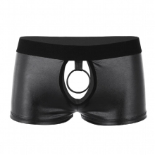 Mens Lingerie Wetlook Faux Leather Cut Out Open Butt Low Rise Boxer Sexy Men Ball Lifter Metal O-ring Panties Underwear