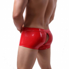 Faux Leather Men Boxers Shorts Sexy Low Waist Front Back Open Button Penis Pouch Panties Patent Leather Mens Erotic Underwear
