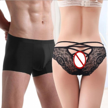 Men Women Couple Underwear Sexy Lace Ice Silk Panties Low Waist Transparent Briefs Male Comfort Short Boxers Hollow Pants