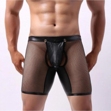 Mens Long Leg Mesh Patent Leather Sexy Low waist Cock Pouch Erotic Gay boxer Underwear
