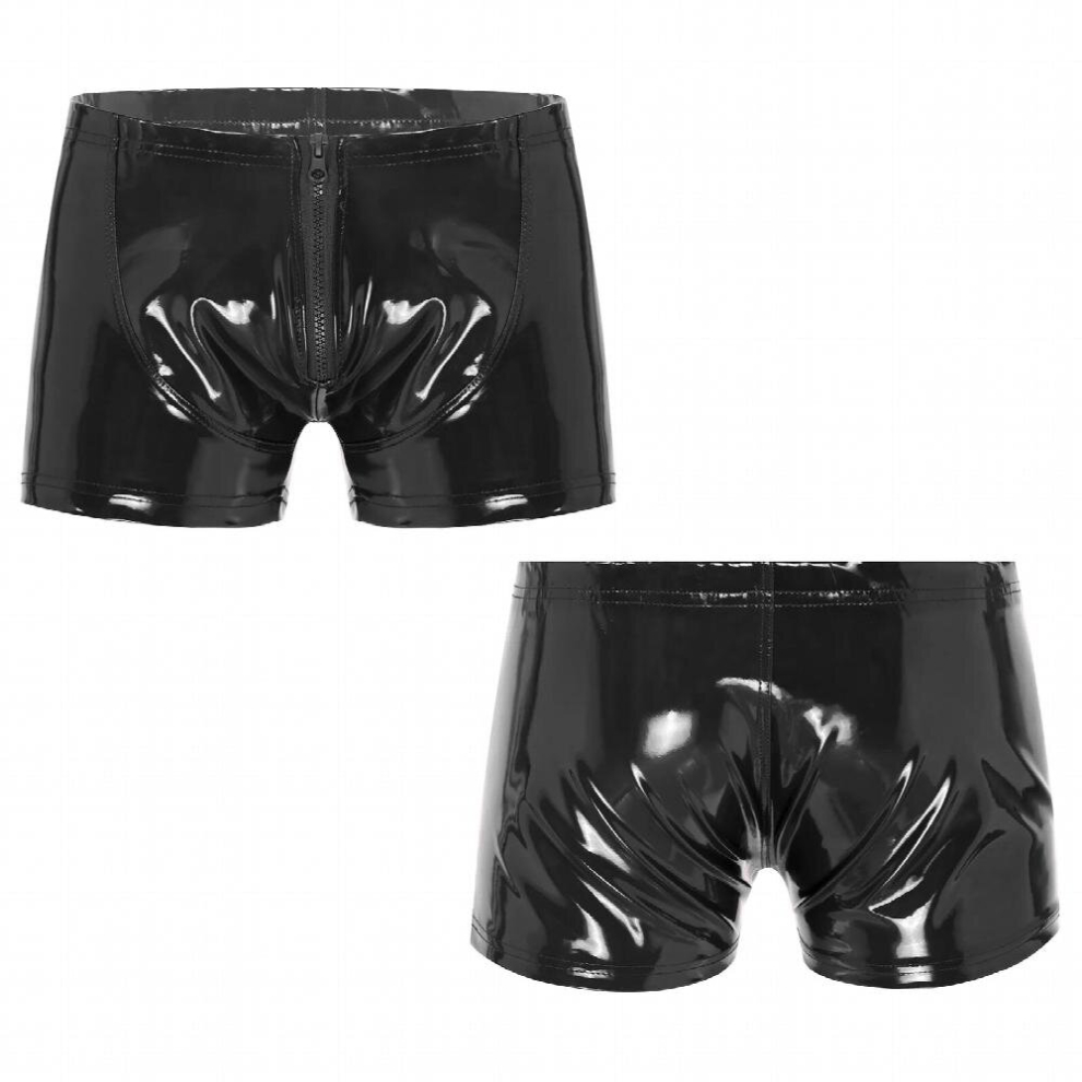 Mens Wet Look Patent Leather Shorts Zipper Front Boxer Briefs Man Lingerie Underpants Nightclub Bar Stage Performance Costume