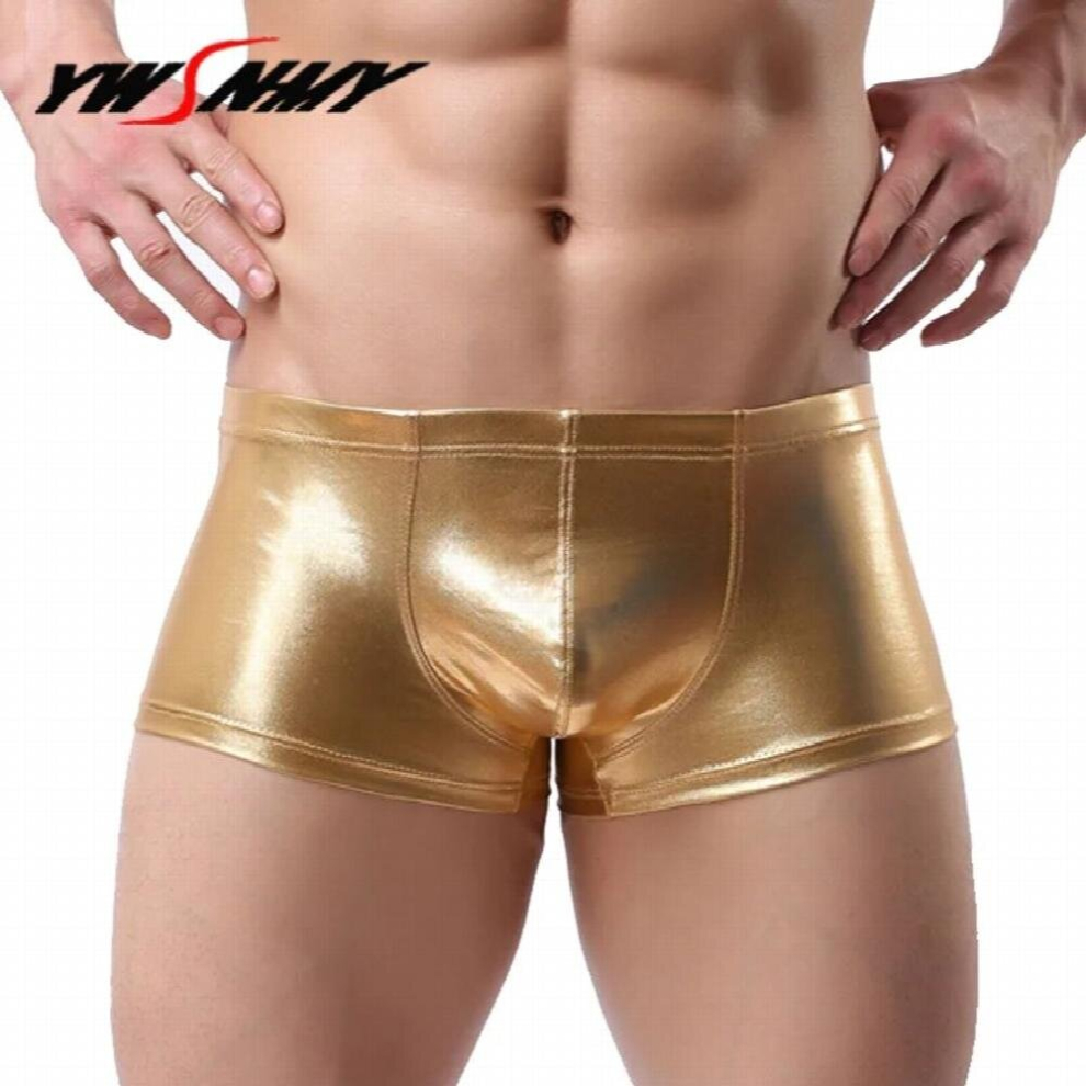 Sexy Men Boxers Male Panties Faux Leather Underwear Men U Convex Underpants Silver Nightclub Stage Show Boxershorts