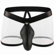 PU Leather + Mesh Boxer Men Big Penis Pouch Open Back Male Sex Underwear Gay Transparent Trunks Shorts for