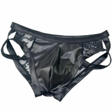 Front Faux Leather Mens Sexy Underwear Transparent Lace Back Briefs Hollow Erotic Male Panties M-XL