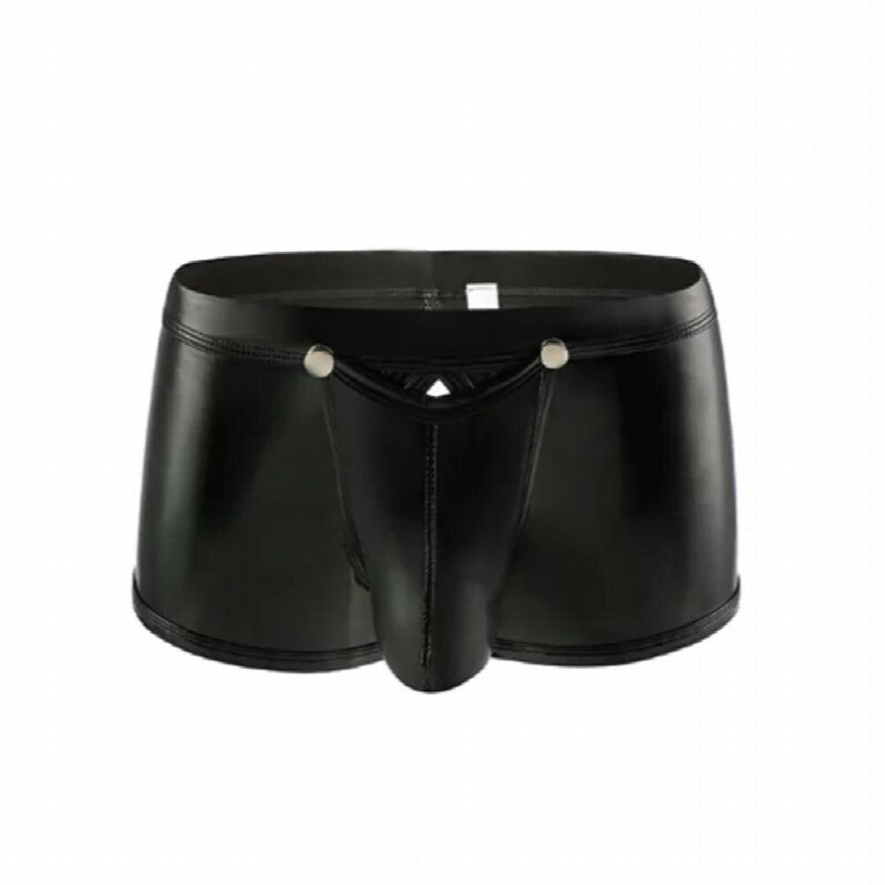 Sexy Mens PU Leather Boxer Shorts Removable Gay Penis Pouch Back Open Gay Male Erotic Bulge Jockstrap Underwer