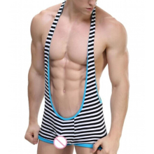 Strong Mens Sexy Suspender Striped Playsuit Mens Spandex Leotard Stretch Bodysuit Singlet Wrestling Underwear