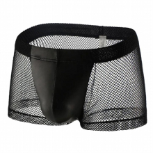 Mens Boxer Shorts Gay Underwear Sexy See-Through Big Mesh Stitching PU Boxers Sexy Erotic Low-Waist Penis Pocket Male Panties