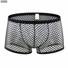 Breathable Sexy Mesh Mens Panties Hollow Out Male Boxers Shorts See Through Sexy Underwear Erotic Lingerie M-XXL