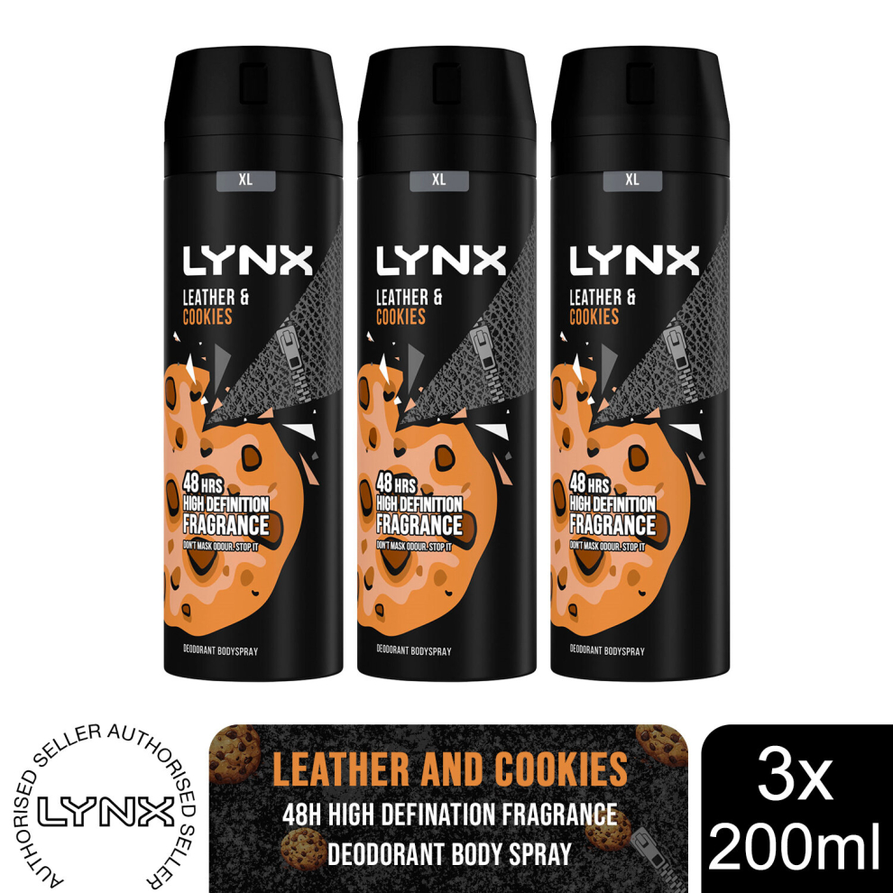 Lynx XL 48-H Fragrance Leather & Cookies Body Spray 3pk, 200ml