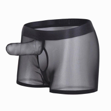 Men Faux Leather Erotic Panties Cock Cover Boxer Briefs Transparent Mesh Underwear Gay Man See Through Penis Sheath Underpants