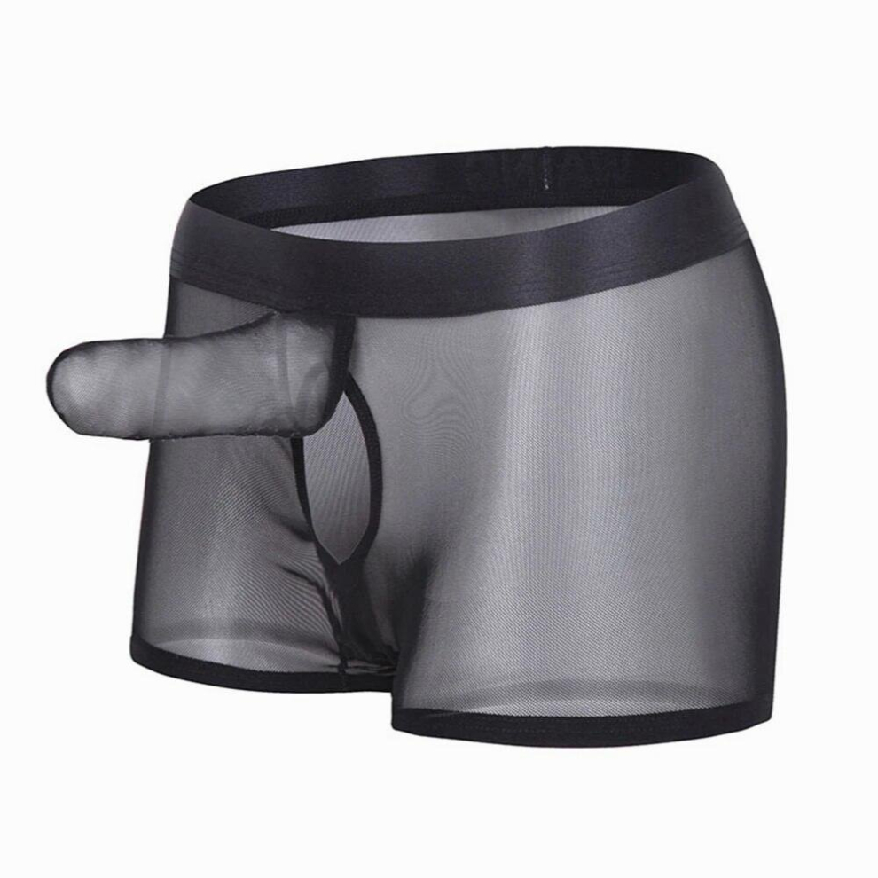 Men Faux Leather Erotic Panties Cock Cover Boxer Briefs Transparent Mesh Underwear Gay Man See Through Penis Sheath Underpants