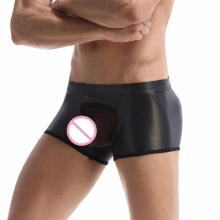 Men Trunks PU Leather Spliced Mesh Pouch Underwear U-shaped Boxer Briefs Jock Strap Underpants Gays Lingerie Imitates