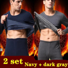 Winter Thermal Underwear Men Plus Velvet Long Thermal Suit Polyester Comfortable Warm 1black+1gray Thermal Underwear