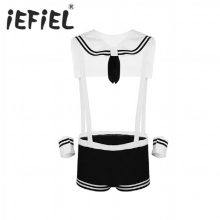 Newest Sexy Gay Mens Male Lingerie Sailor Cosplay Costume Underwear Set Elastic Suspenders Boxer with Collar and Cuffs