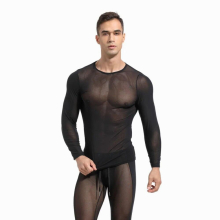 Mesh Transparent High Elastic Mens Fitness Running Cycling Sports Training Tights Long Sleeve